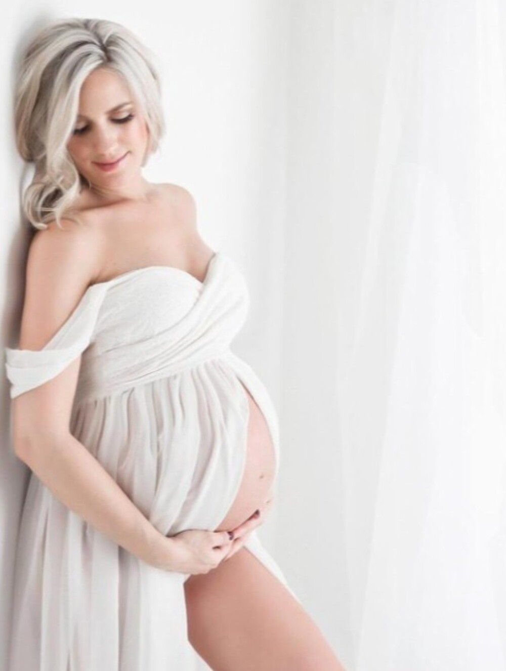 White Maternity Photoshoot Dress Off Shoulder Chiffon Gown Split Front Maxi